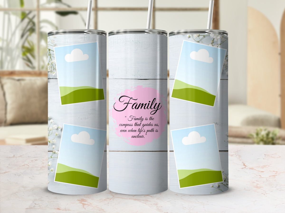 Tumbler with wood grain, photos, and "Family is the compass" quote.