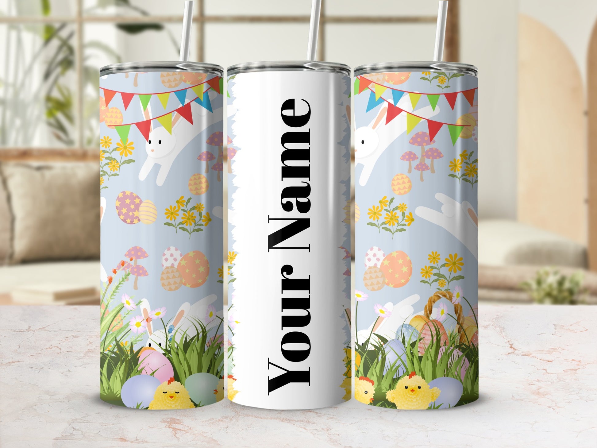 Customizable Easter Bunny and Eggs Tumbler Cup