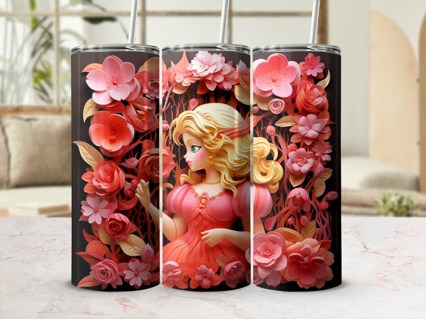 Floral Princess Design Tumbler with Pink Blossoms