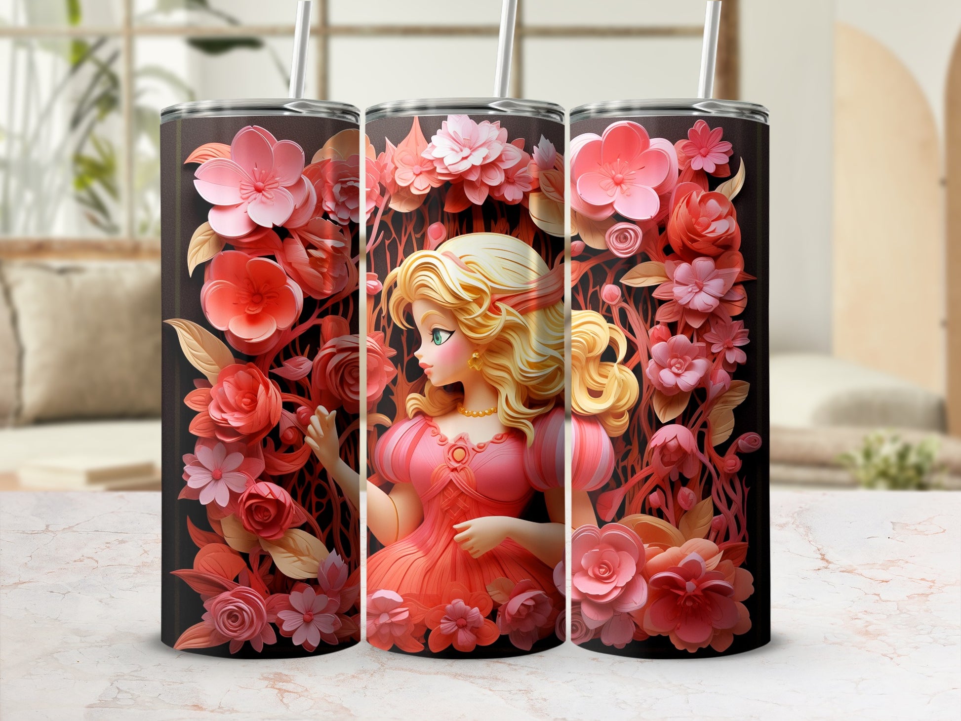 Floral Princess Design Tumbler with Pink Blossoms