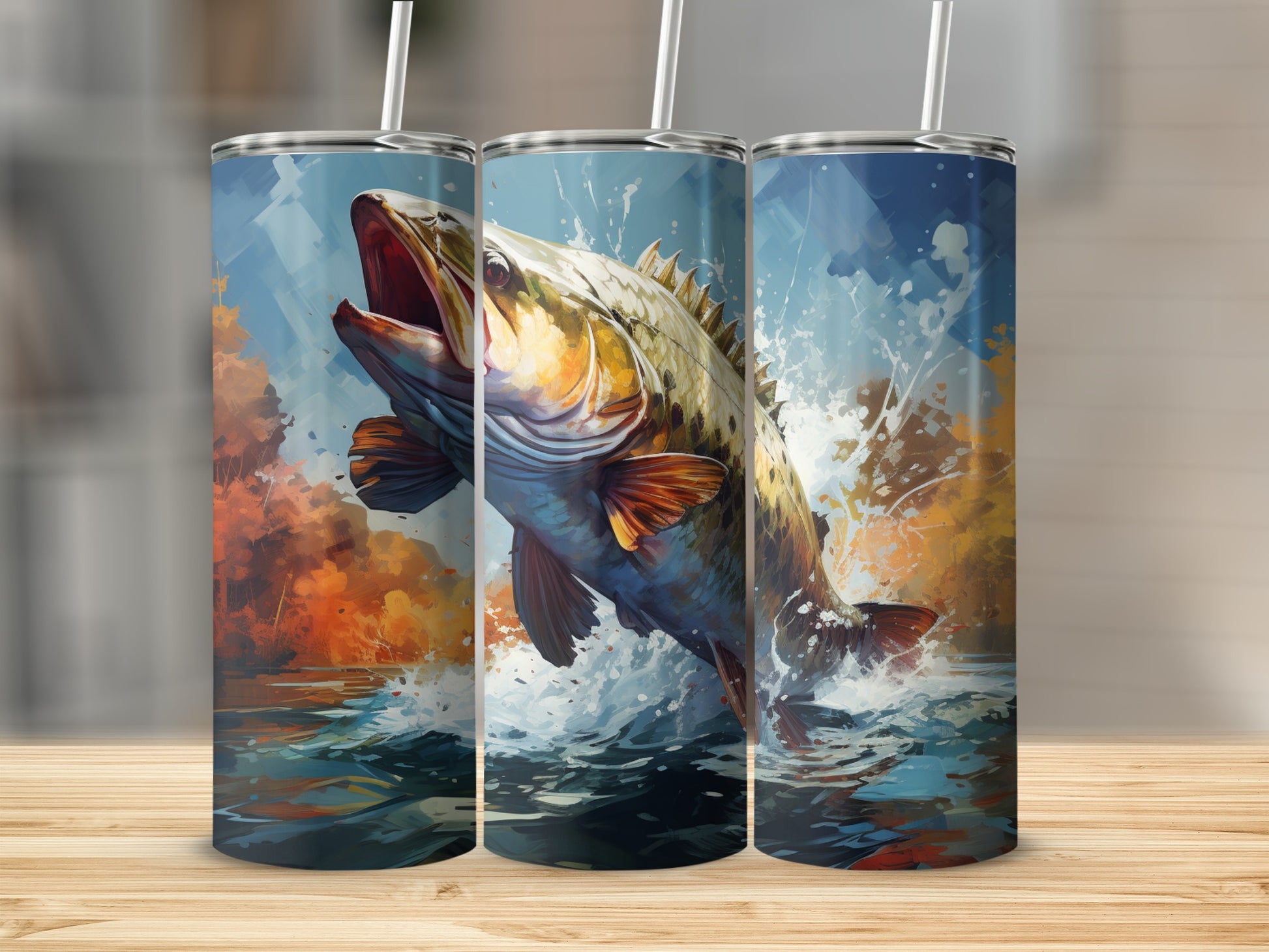 Illustration of a bass jumping from water with colorful autumn trees.