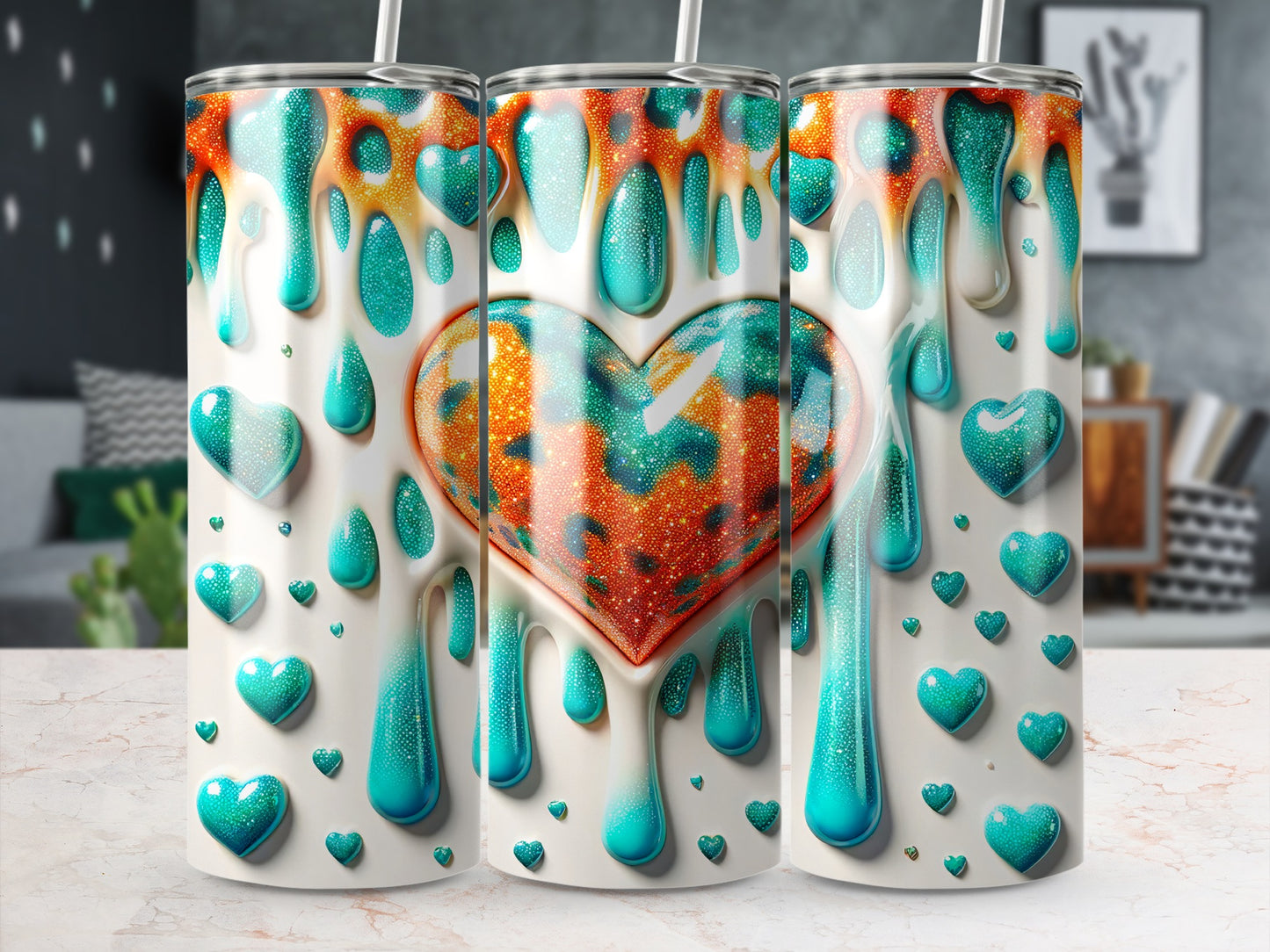 Hearts Drips Orange And Green Valentine's Day! Dripping Hearts Turquoise Glaze Design Decorative Tumblers