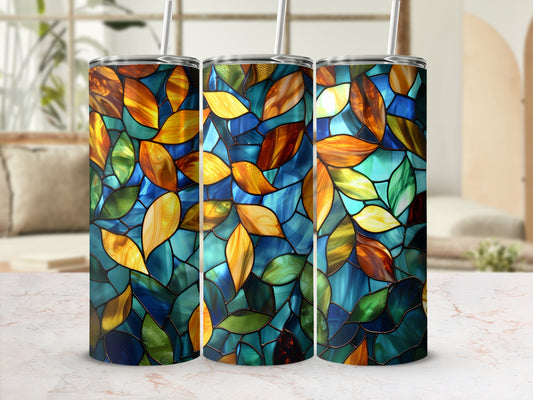 Three tumblers with a stained glass leaf pattern.