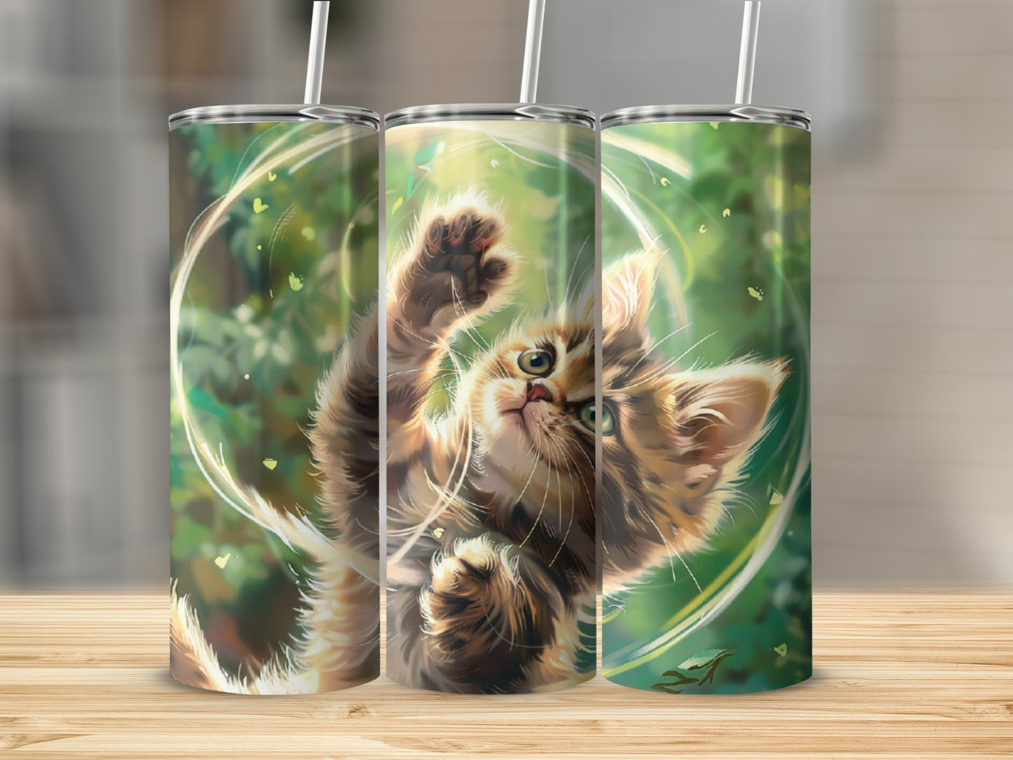 Kitten reaching out playfully with blurred green background and light streaks.