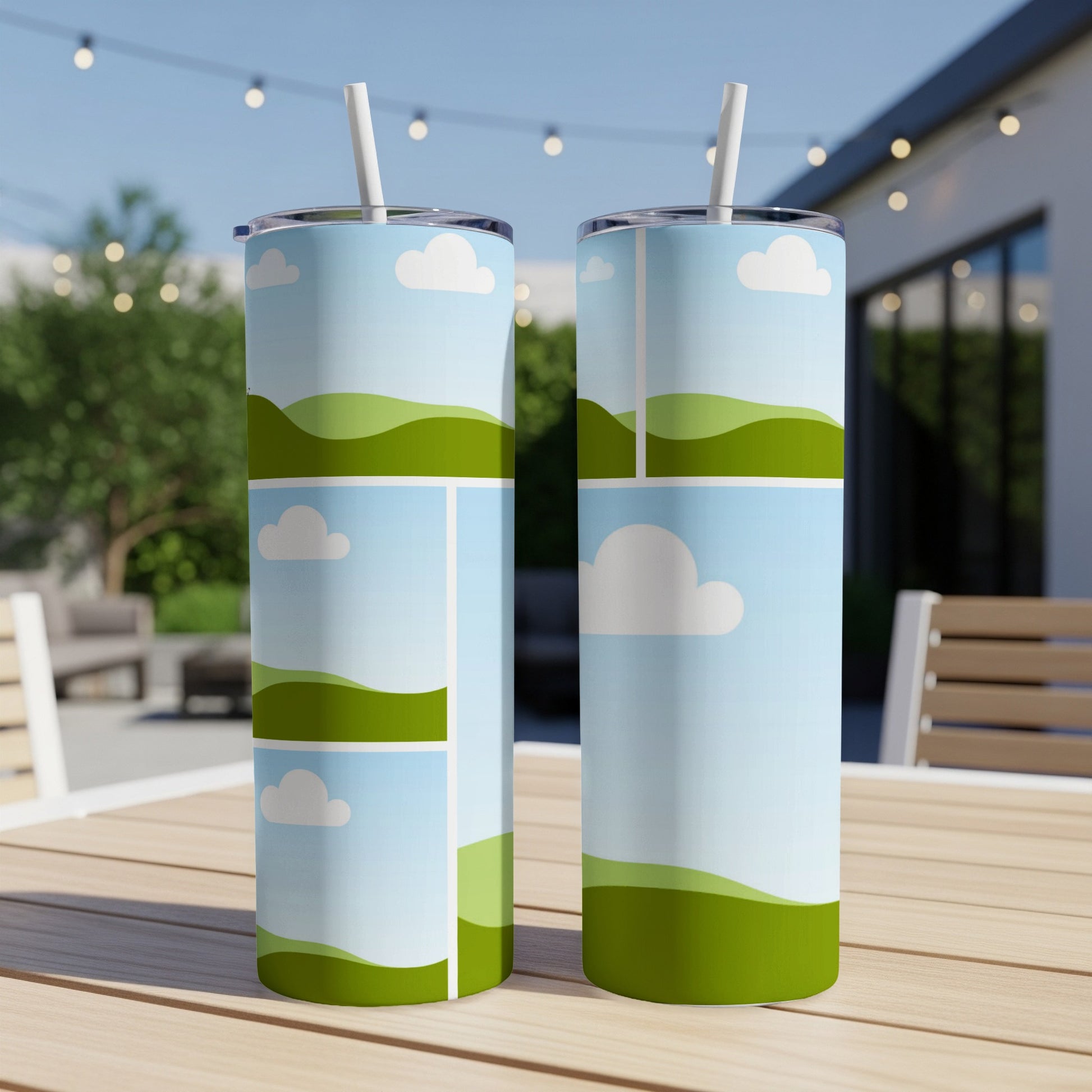 Two tall tumblers with a cartoon landscape design of green hills and blue sky.