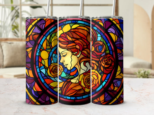 Stained glass tumbler with woman's profile and roses.