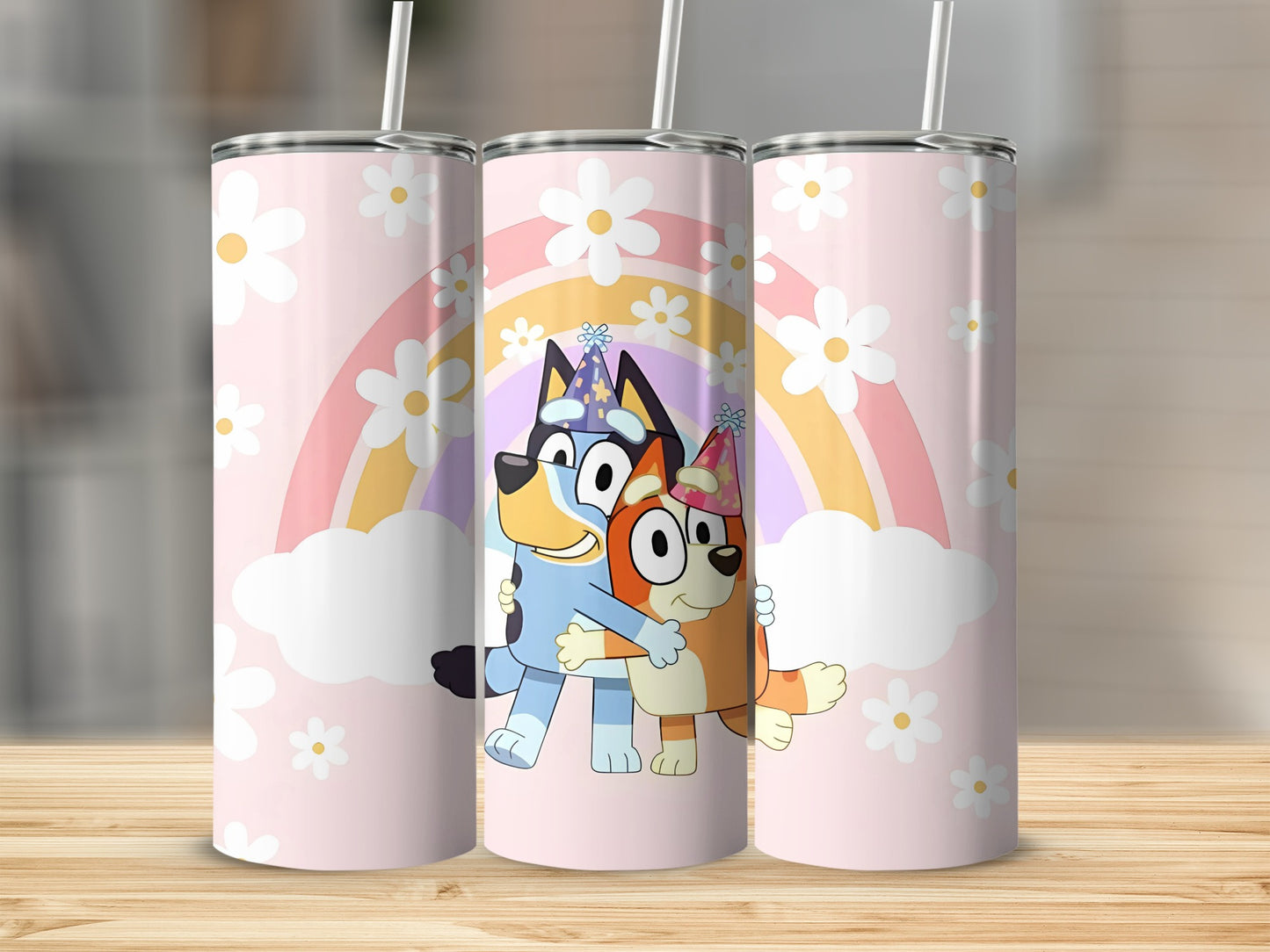 Rainbow and Daisy Theme Tumbler with Cute Cartoon Design