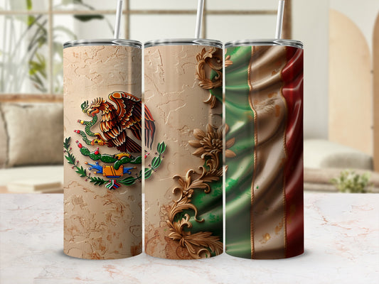 Trio of tumblers with Mexican flag and eagle motif, embossed gold trim.