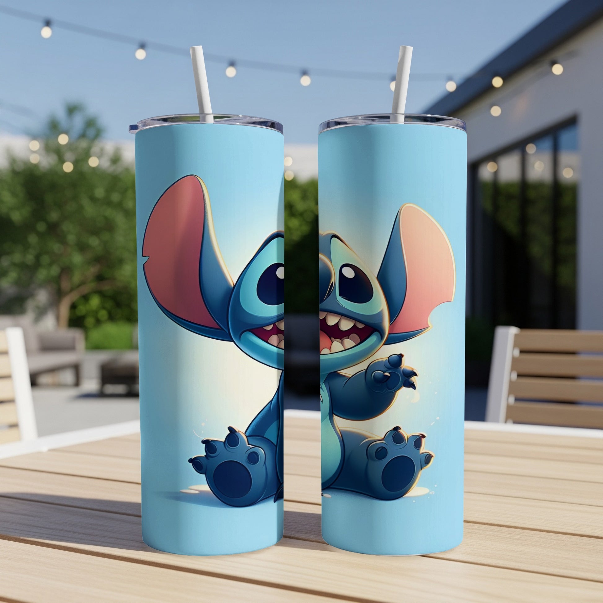 Two blue Stitch characters with large ears on light blue tumblers.