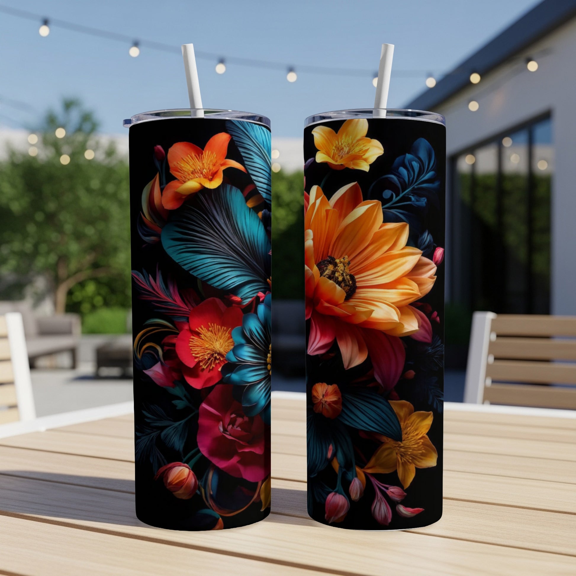 Two black tumblers with vibrant floral designs on a wooden table outdoors.