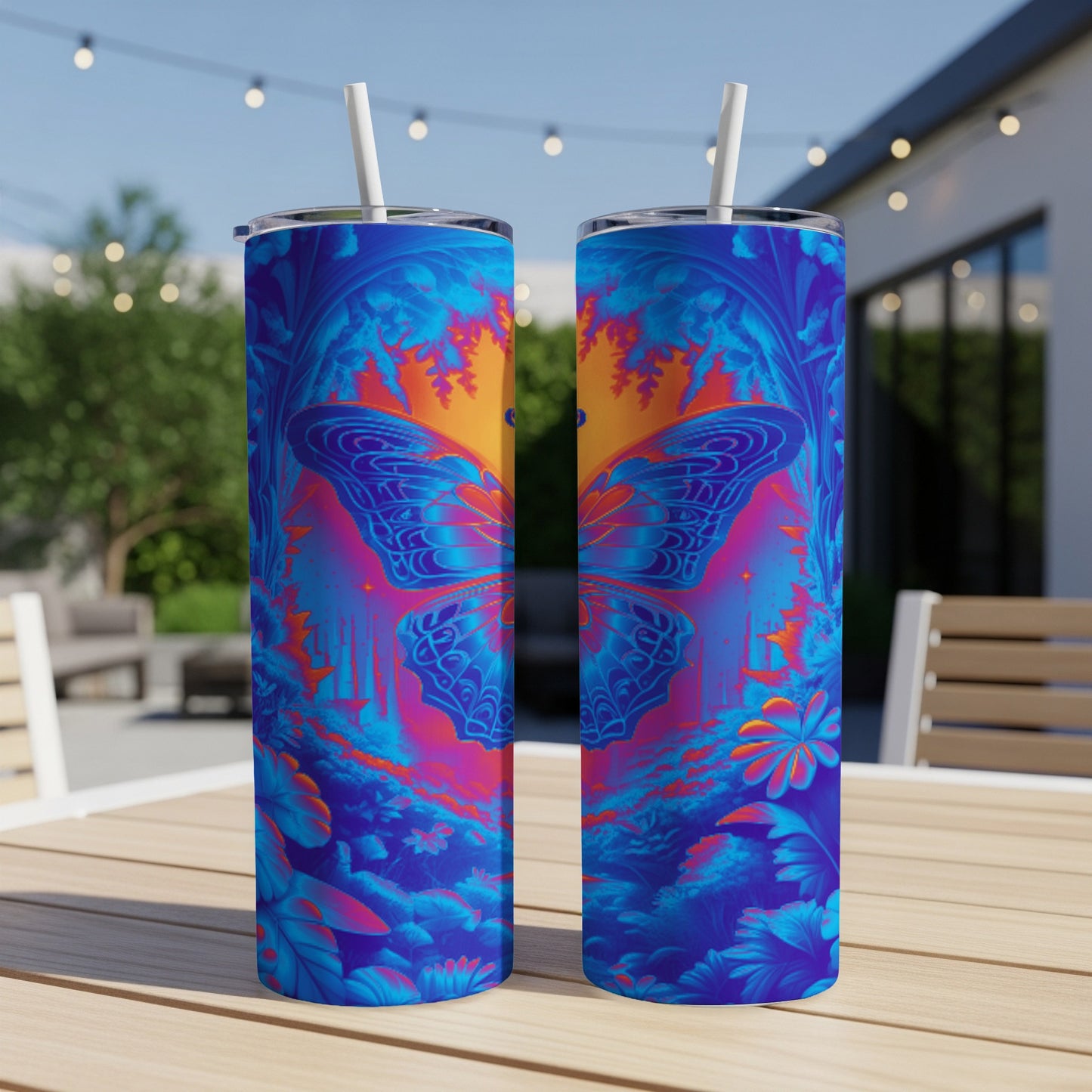 Two tall tumblers with a vibrant butterfly and floral design.