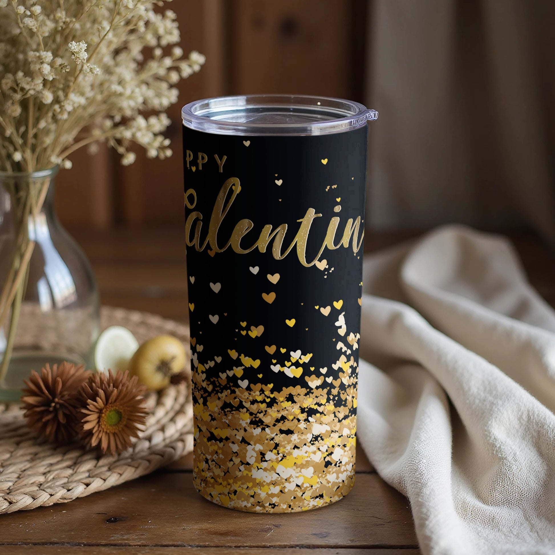Happy Valentine Black Gold Glitter Tumbler Gift
