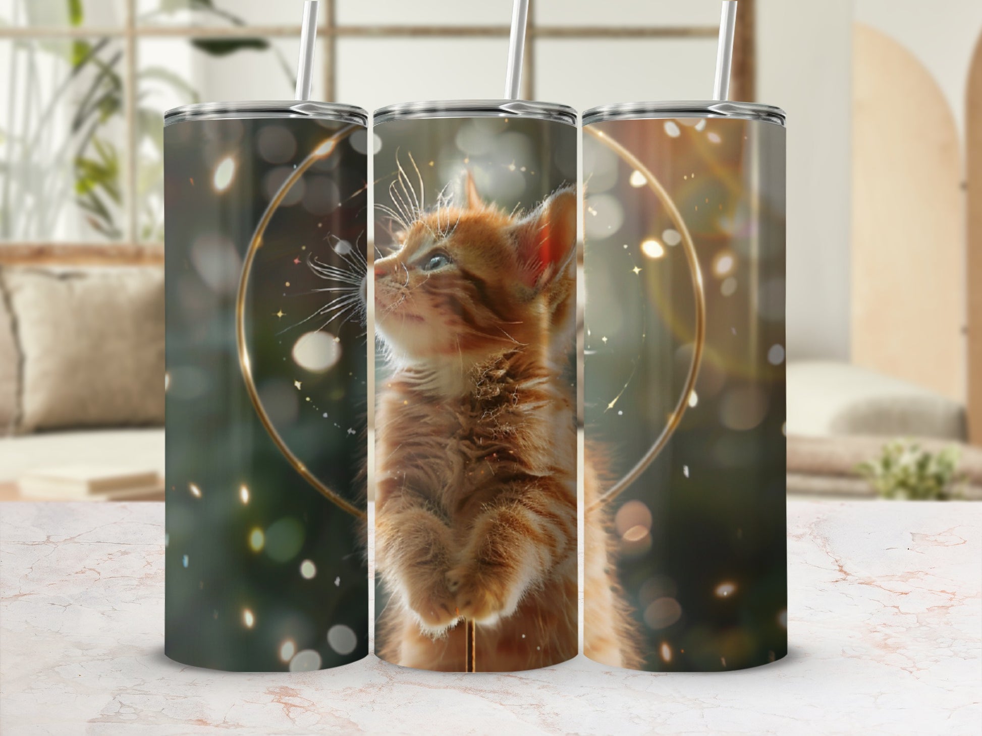 Three tumblers with a ginger kitten looking up, surrounded by golden light.