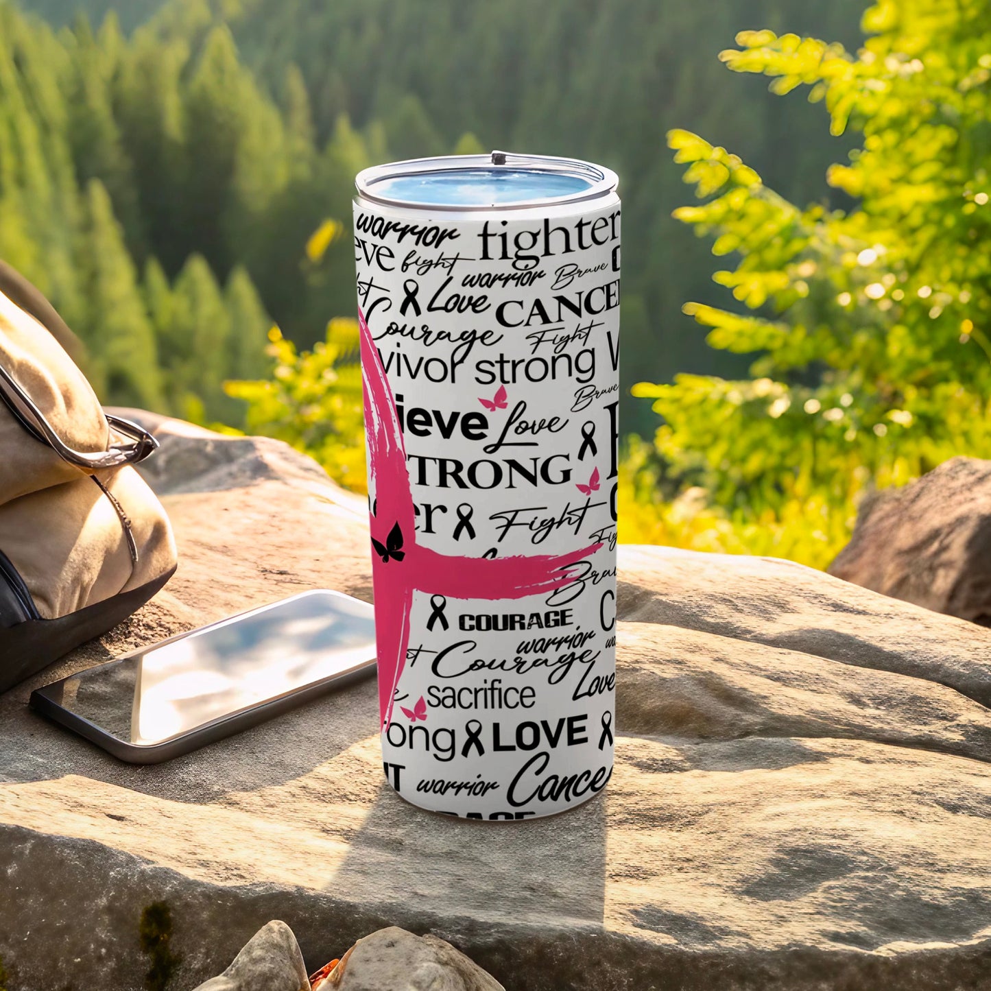 Tumbler with "Warrior, Fight, Brave, Courage, Love, Survivor, Cancer" text and pink ribbon design.