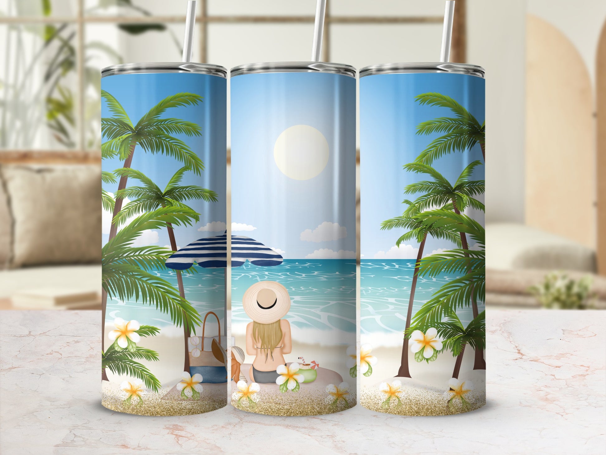 Tropical beach scene with palm trees, beach umbrella, and a woman sitting on sand.