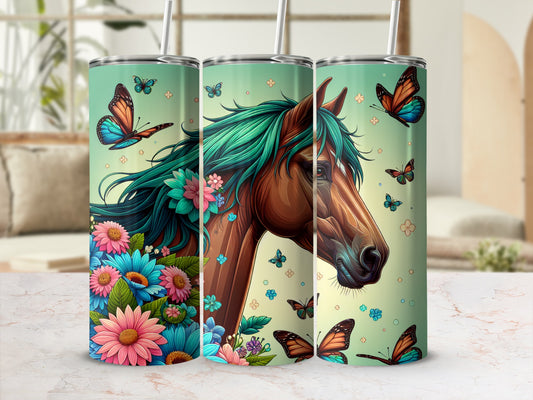 Green-maned horse with butterflies and flowers wraps around three tumblers.