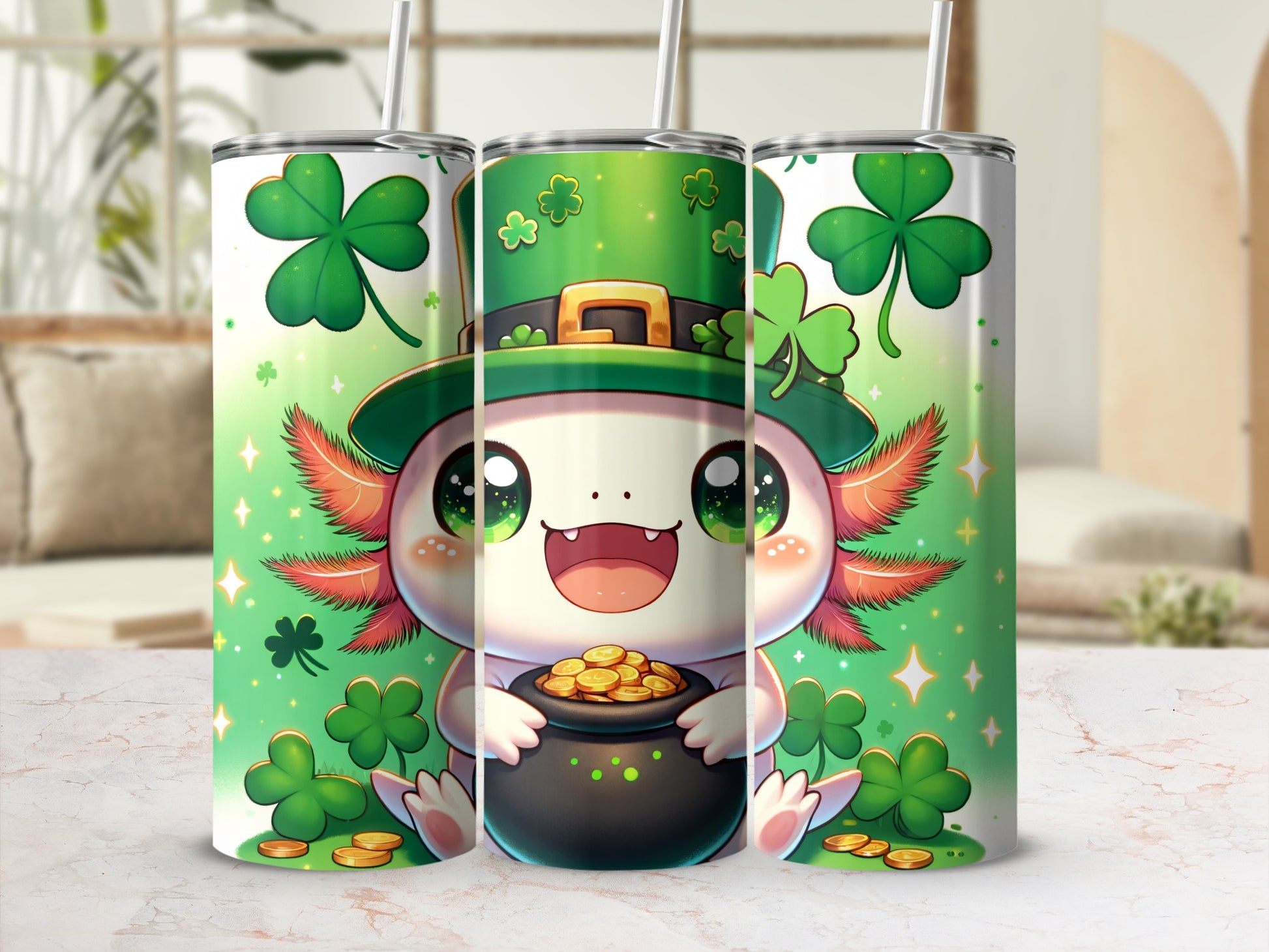 Cartoon axolotl in leprechaun hat with pot of gold and shamrocks.