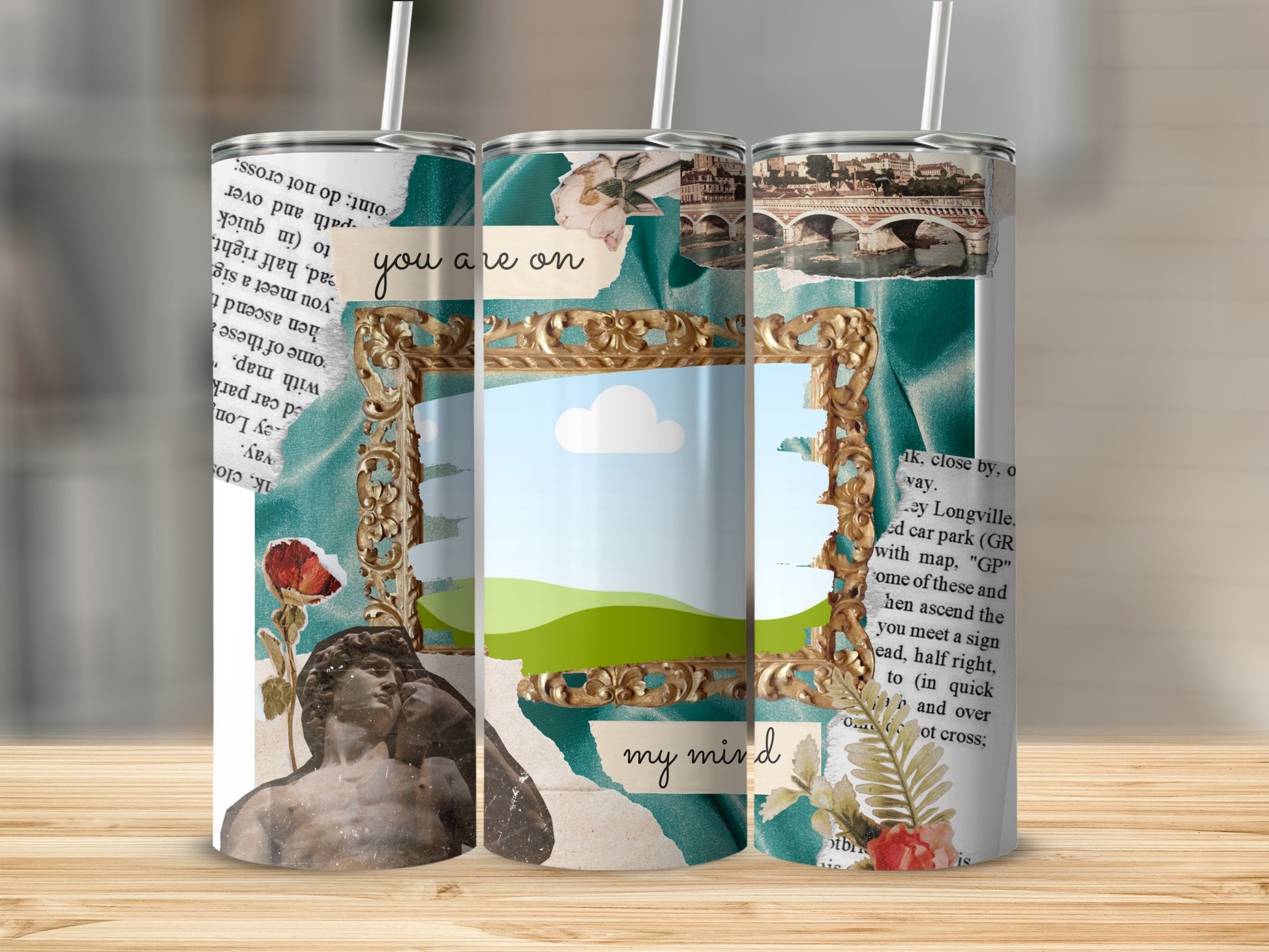 Collage of a statue, bridge, flowers, and text on tumblers.