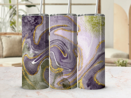 Three tumblers with marbled purple, green, and gold abstract designs.