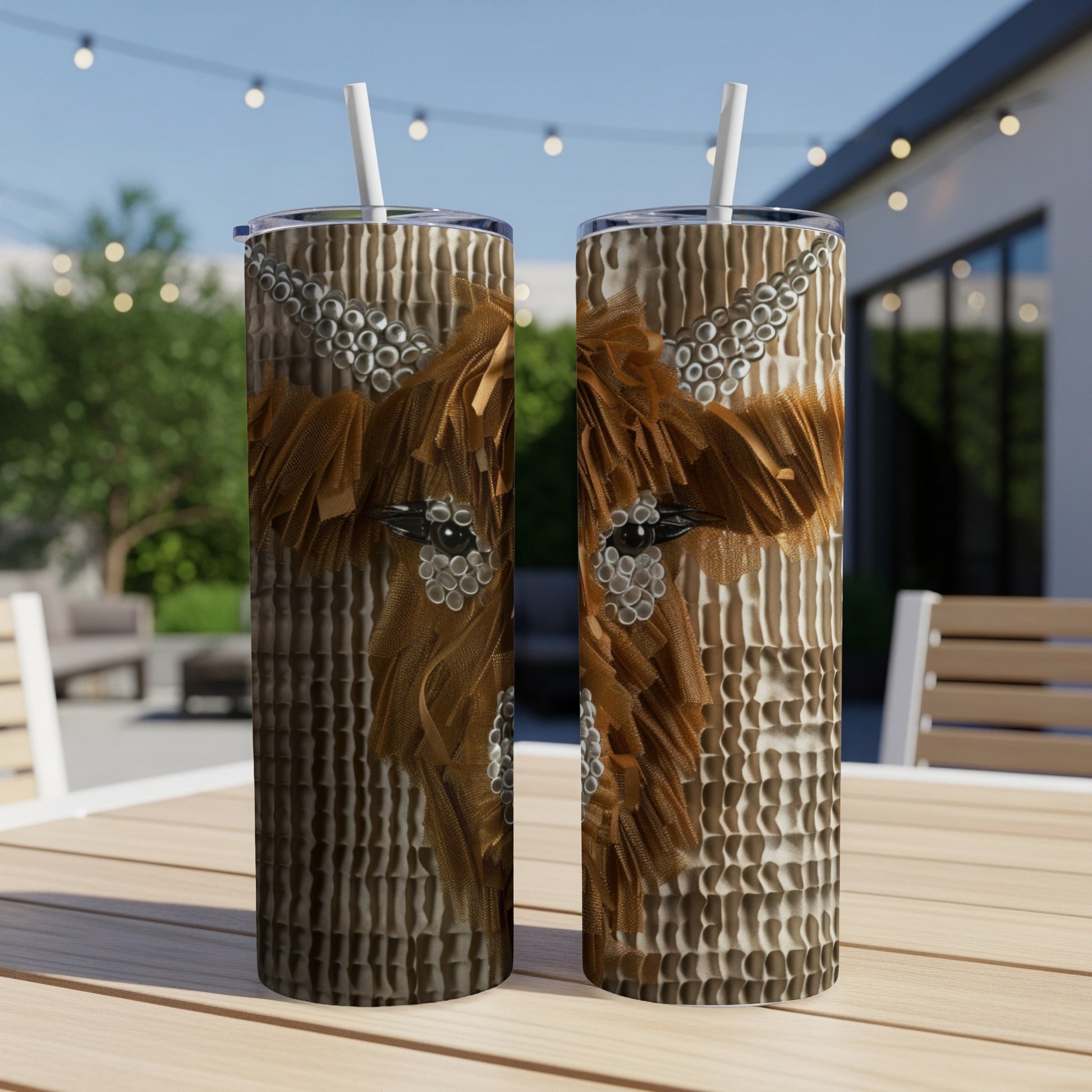Two brown abstract cow print tumblers with straws on a table.