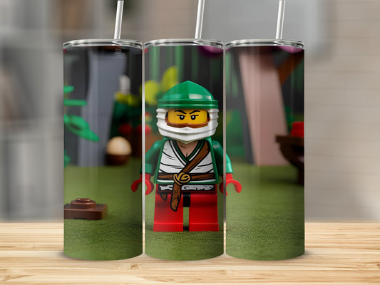 Three tumblers with a Lego minifigure in green and red attire.