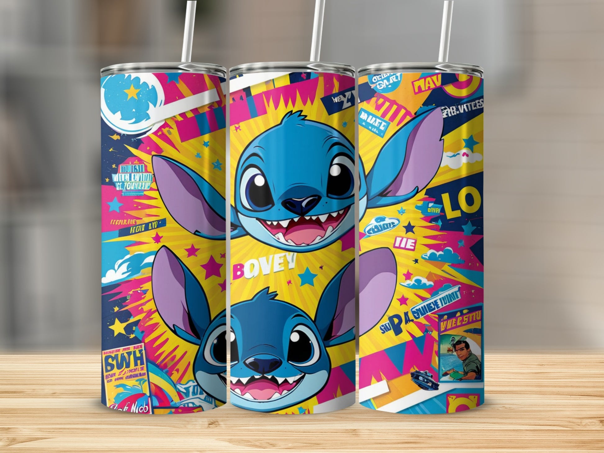Three Lilo & Stitch tumblers with colorful, comic-style designs featuring Stitch's face.