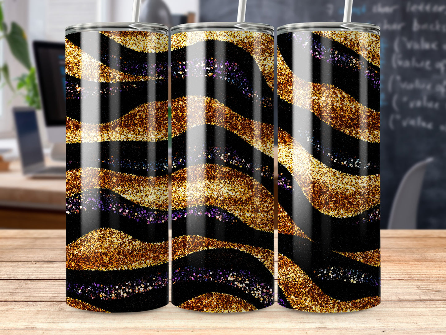 Black and Glitter Gold Striped Tumbler Cup