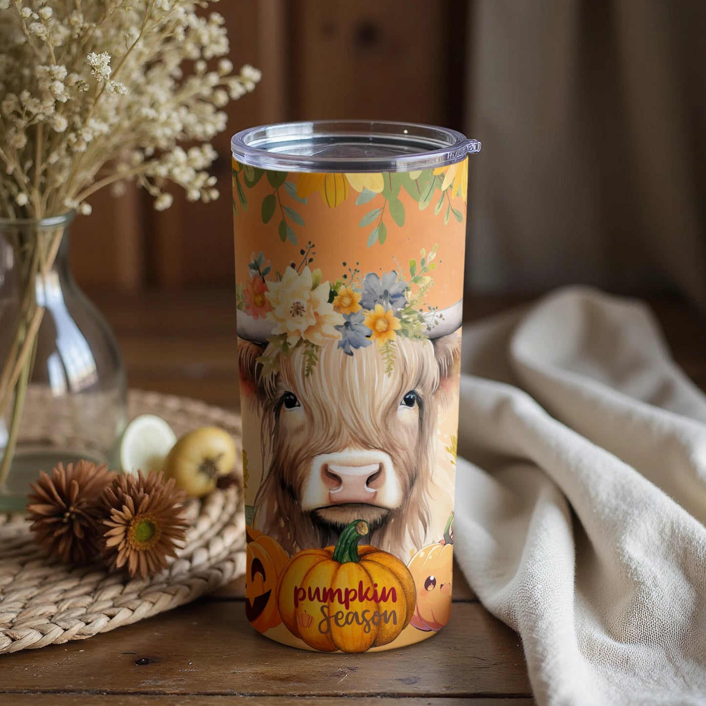 Cute Highland Cow Floral Pumpkin Season Tumbler