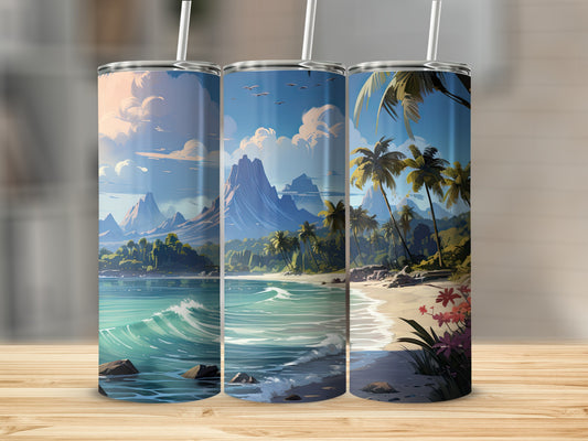 Tropical Beach Scenic Design Travel Mug Set