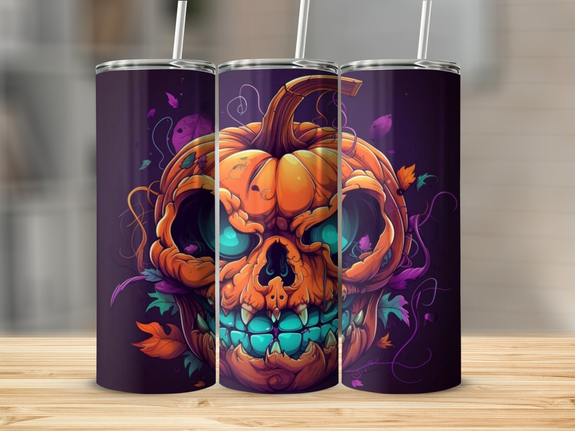 Halloween Pumpkin Skull Tumbler With Straw 20 oz