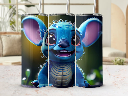 Stitch character with bubbles, on a textured surface, blurred background.