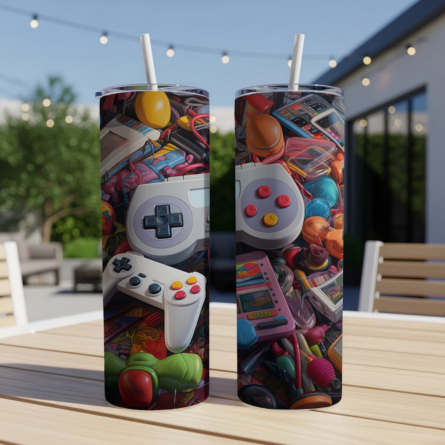 Two tumblers featuring a collage of colorful retro video game controllers and accessories.