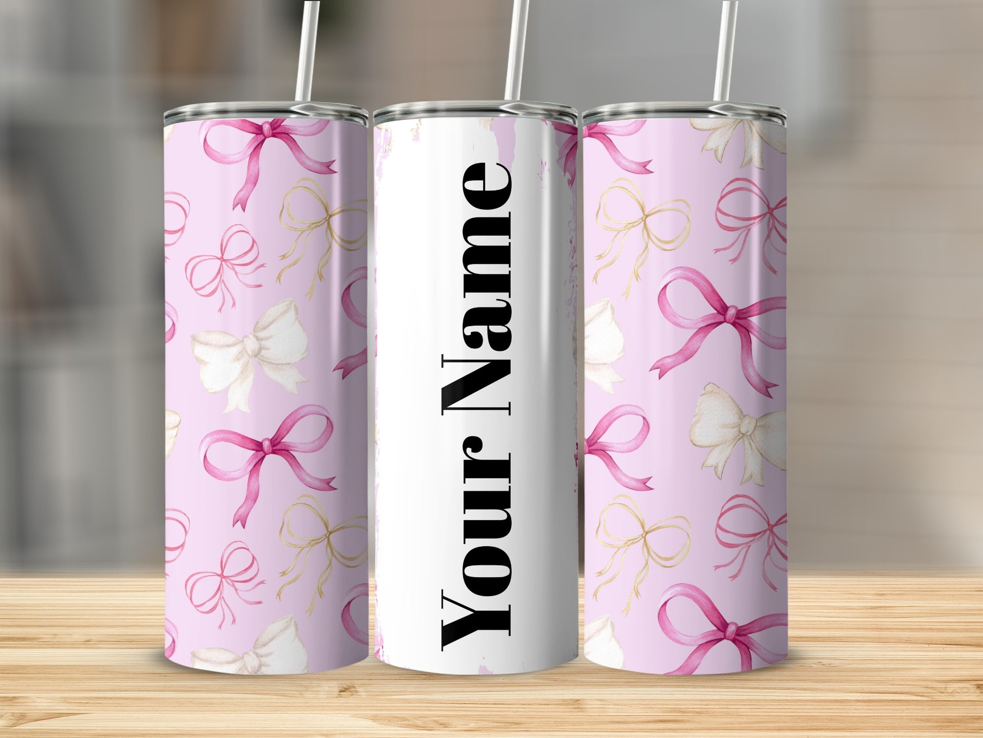 Customizable Pink Bow Pattern Tumbler with Name Option