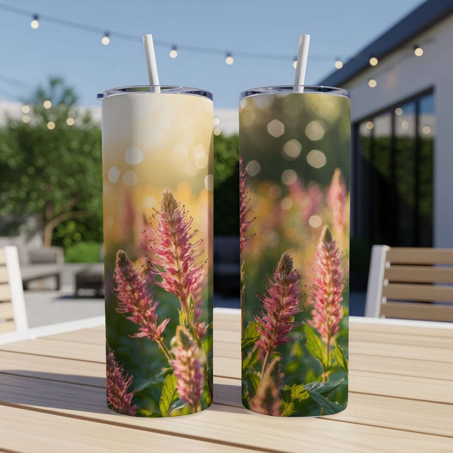Two pink wildflower tumblers with straws on a wooden table outdoors.