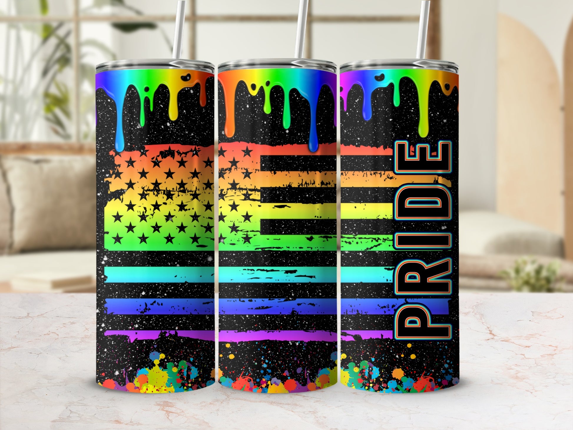 Rainbow flag tumbler with dripping paint and "PRIDE" text.
