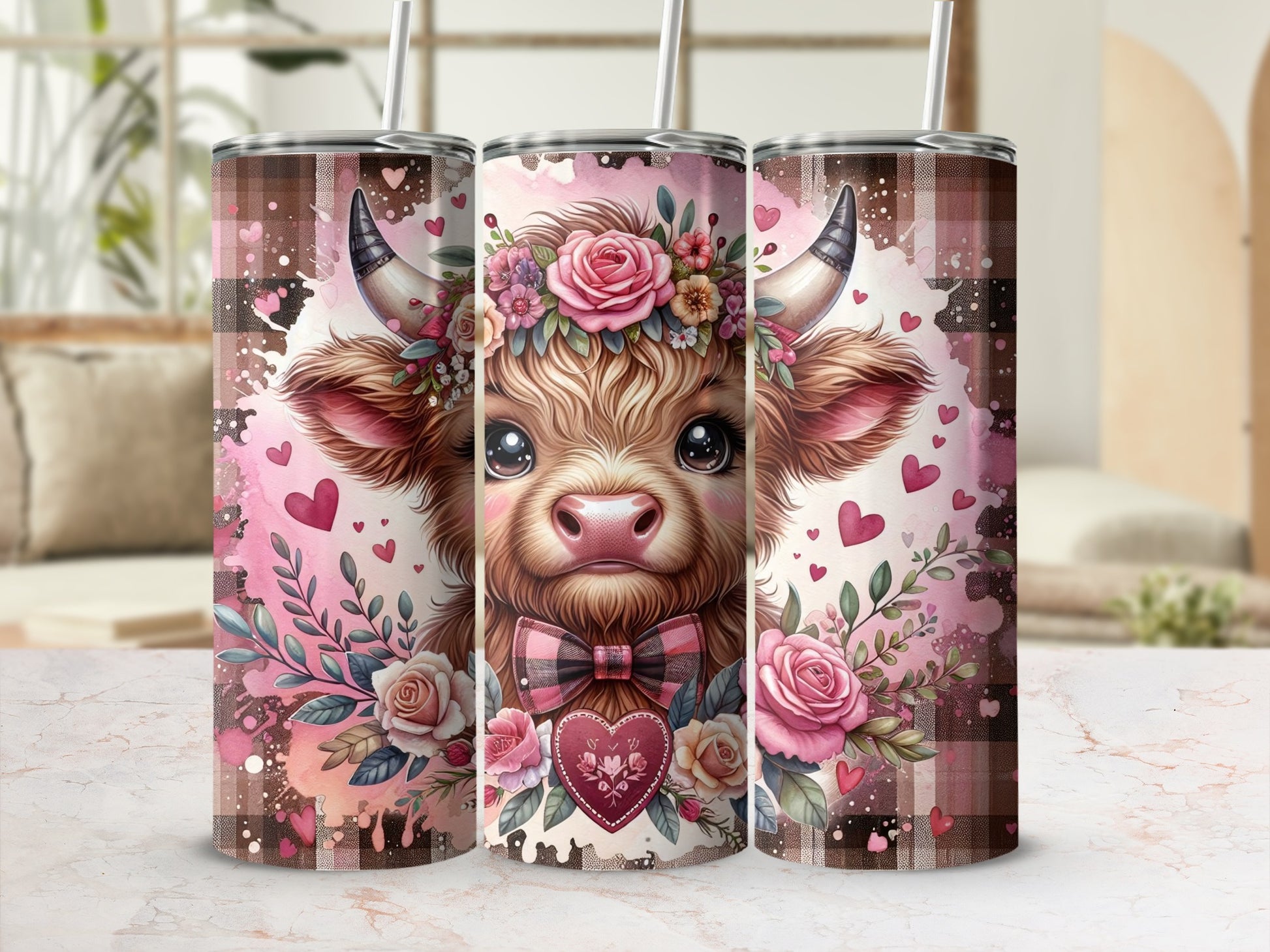Adorable Highland Calf Floral Crown Pink Hearts Plaid product type