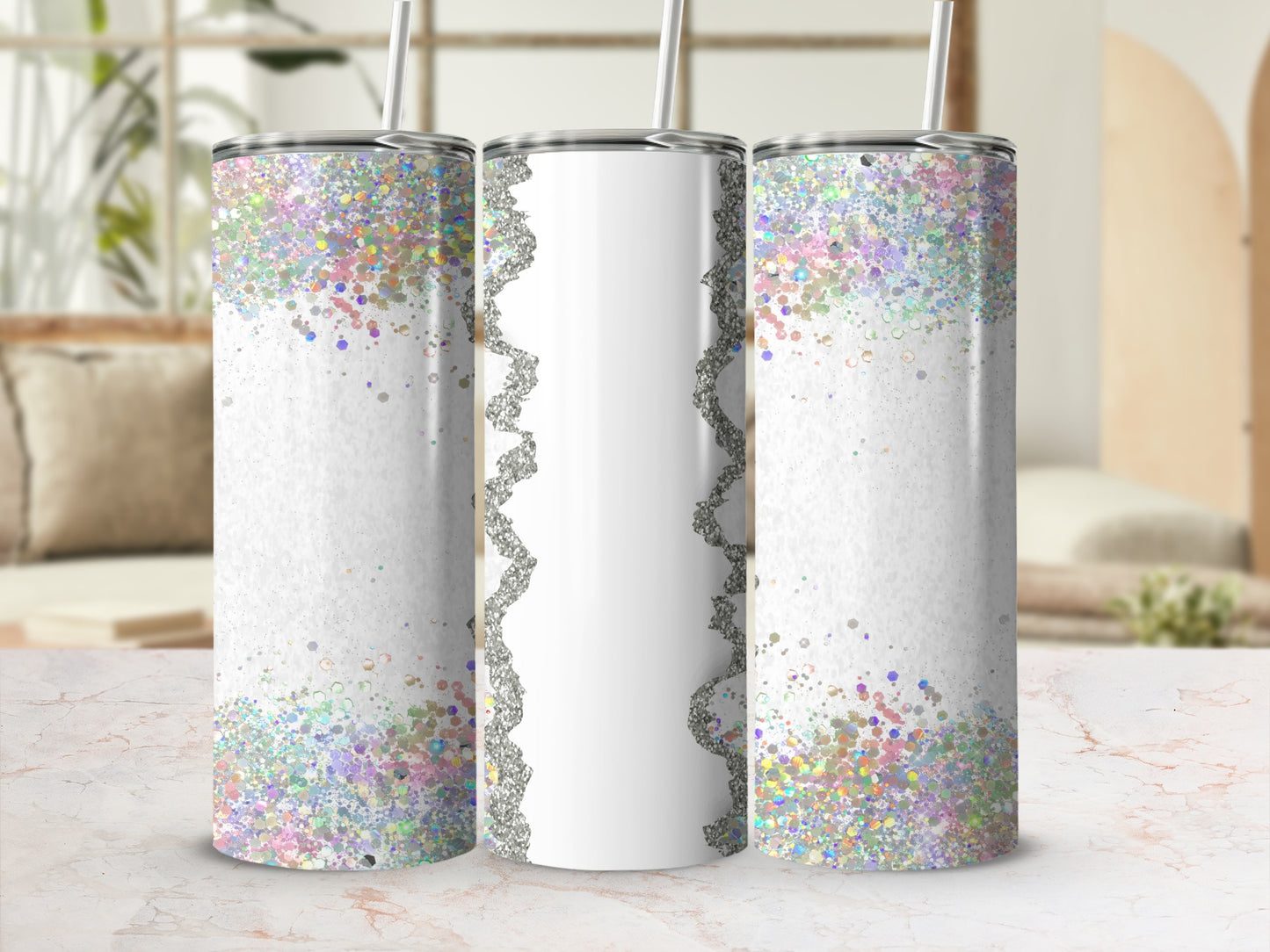 White tumbler with scattered iridescent glitter accents and a silver wavy stripe.