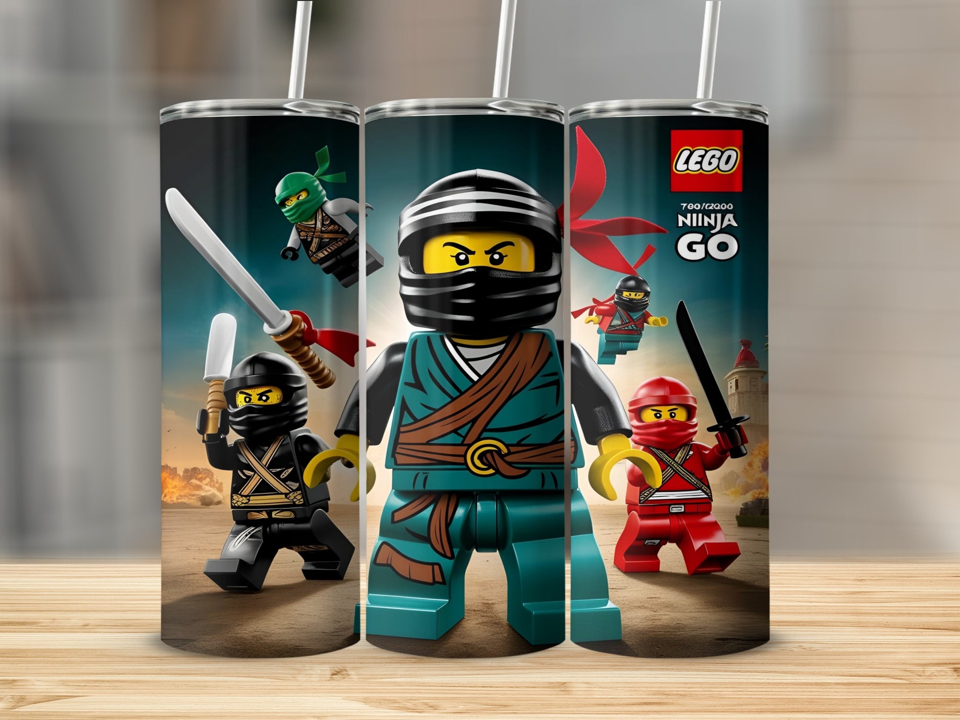LEGO Ninjago Go characters Kai, Cole, and Jay on a tumbler.