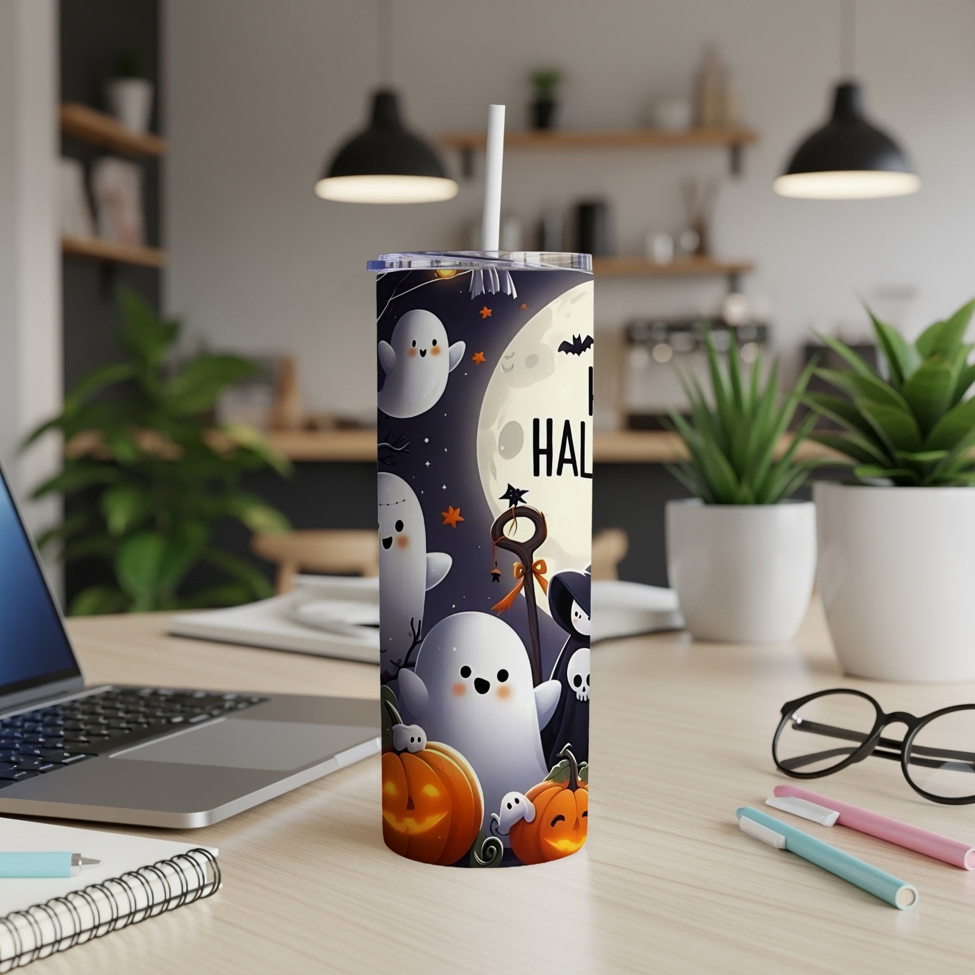 Tumbler with cute ghosts, pumpkins, and "Happy Halloween" text with a moon and bats.