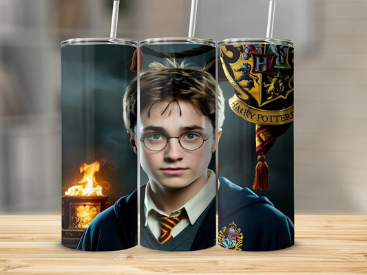 Harry Potter in Gryffindor robes with a fiery background.