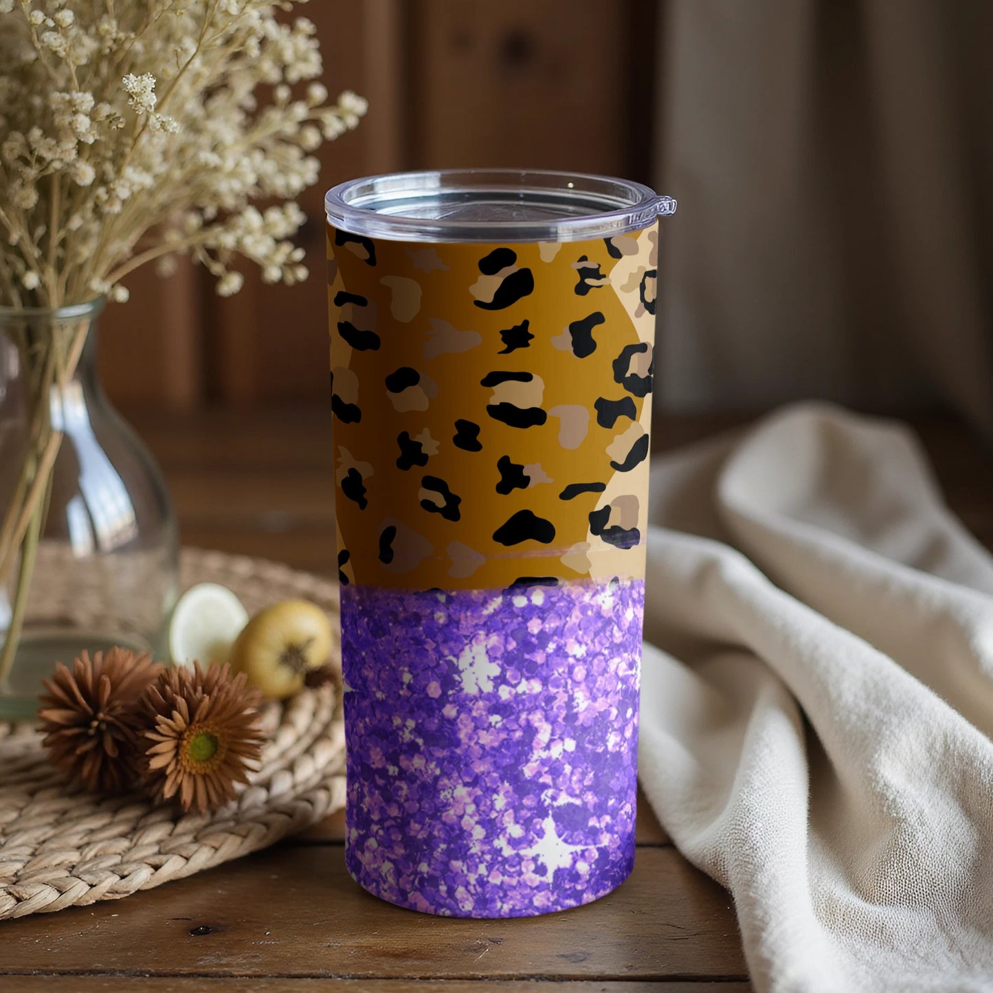 Leopard and Purple Glitter Tumbler