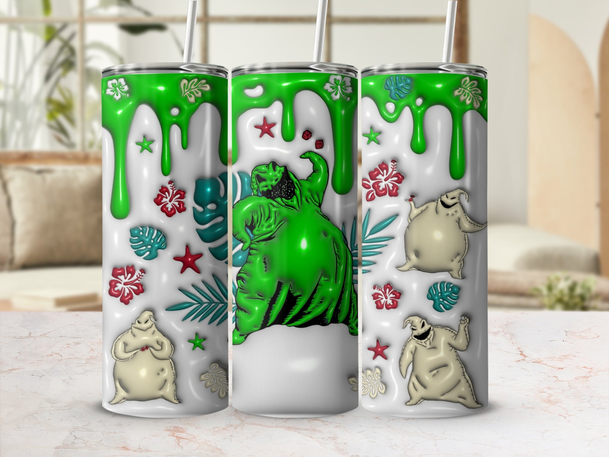 Three tumblers featuring Oogie Boogie from The Nightmare Before Christmas.