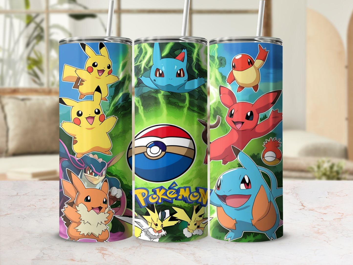 Pokemon character designs on a green gradient tumbler with straws.