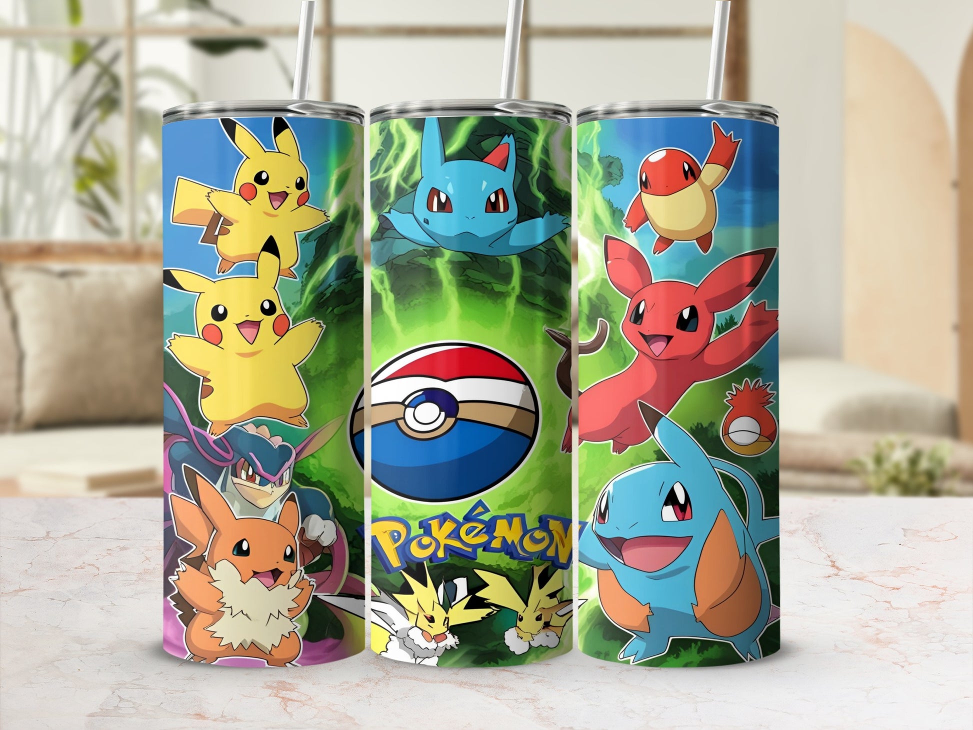 Pokemon character designs on a green gradient tumbler with straws.
