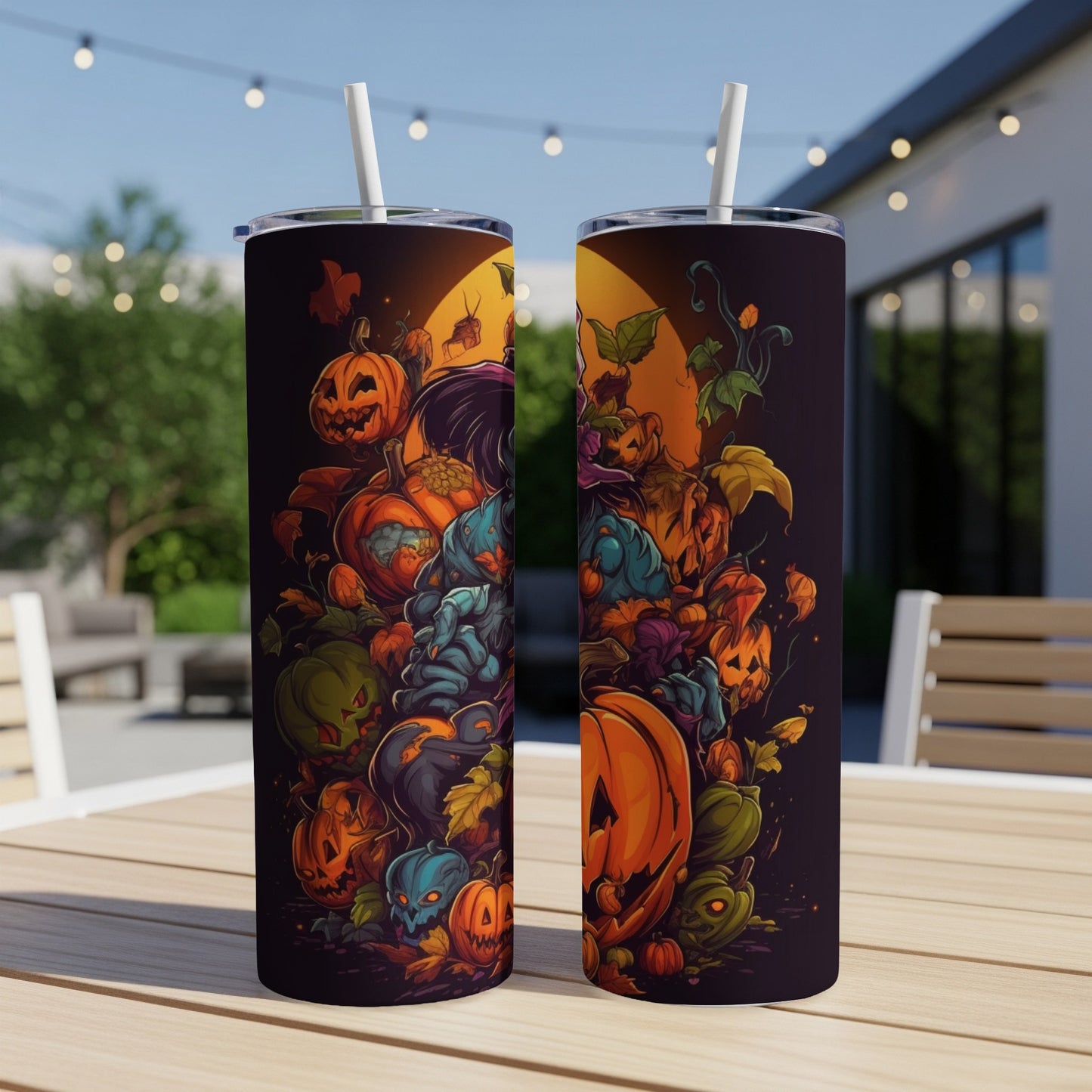 Two tumblers featuring a dark, spooky Halloween pumpkin and monster illustration.