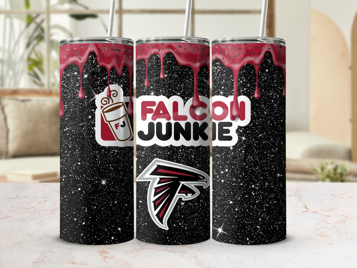 Falcon Junkie Drinkware with Red Drips Design Tumblers
