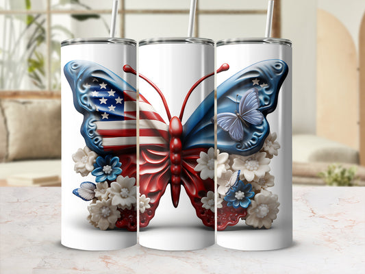 Three tumblers with American flag butterfly design and floral accents.