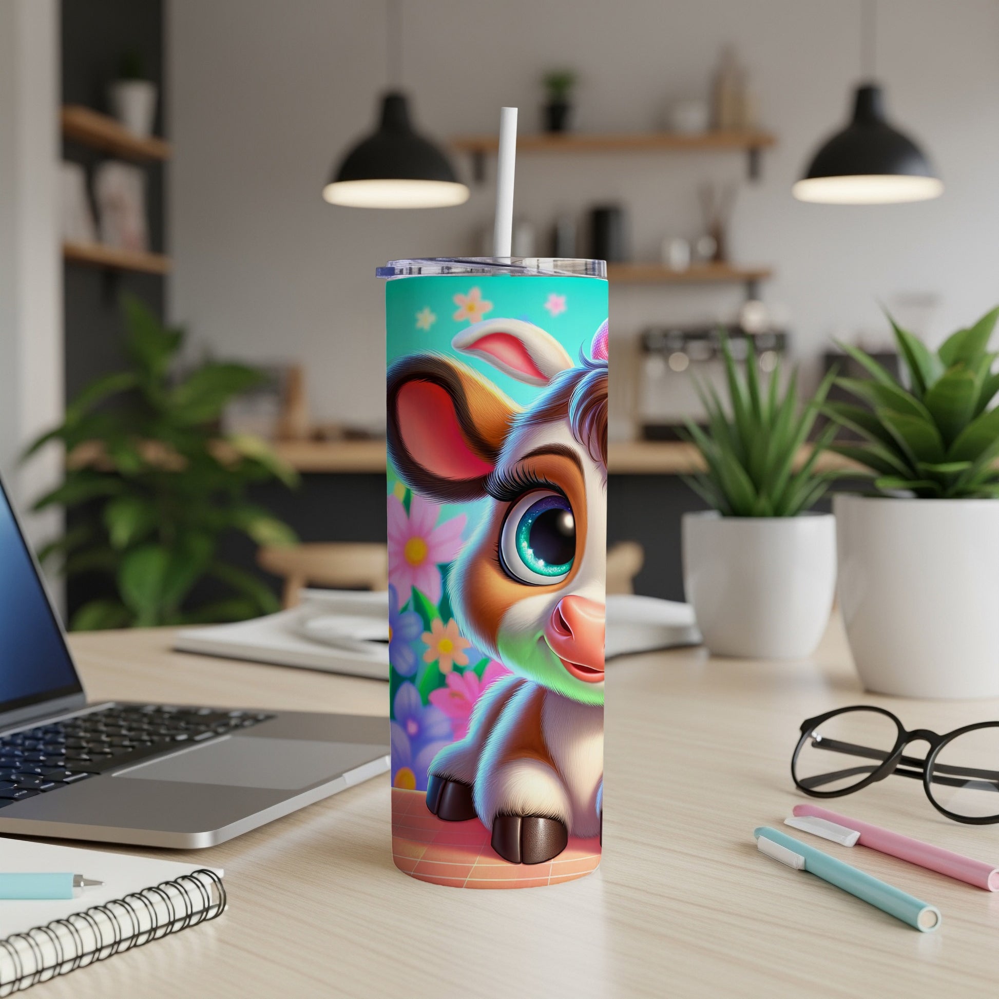 Cartoon cow with flowers on a teal background, on a tumbler.