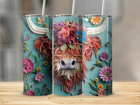Highland cow with floral crown and butterflies on teal tumbler.