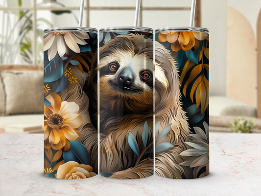 Sloth surrounded by flowers and leaves on a tumbler.